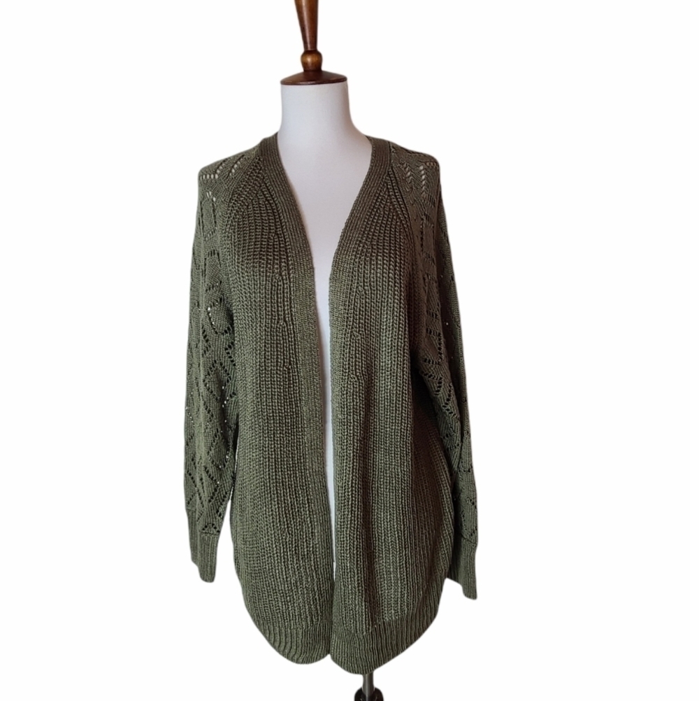 Marled Olive Green Cable Knit Open Front Cardigan Cozy Fall Boho Small NWT - Picture 2 of 9